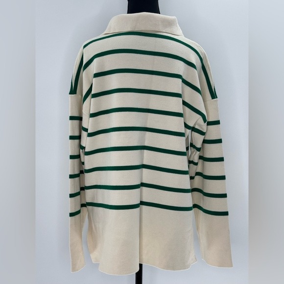Zara Striped Polo V-Neck Collar‎ Coastal Soft Sweater, Green and White, Size S - Picture 8 of 13